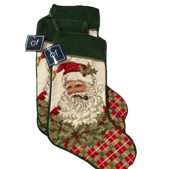 4 New With Tags, Wool and Velvet Needlepoint Christmas Stockings Old World Santa - Picture 6 of 16